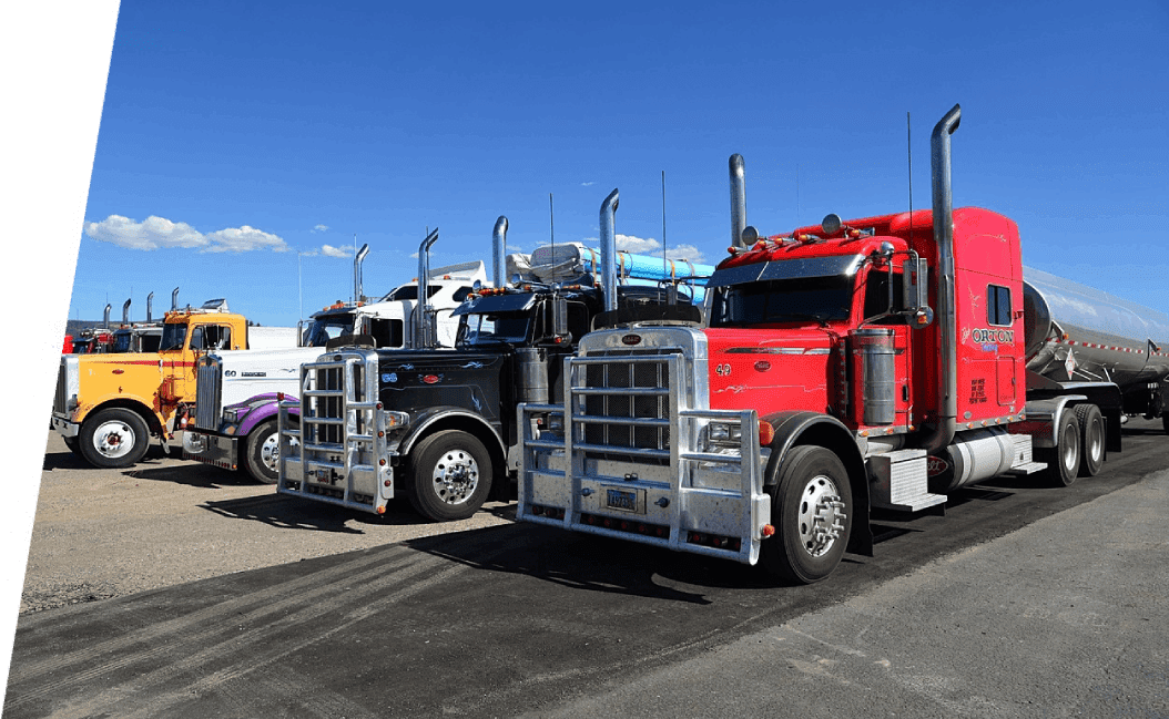 A row of semi trucks parked in a parking lot.