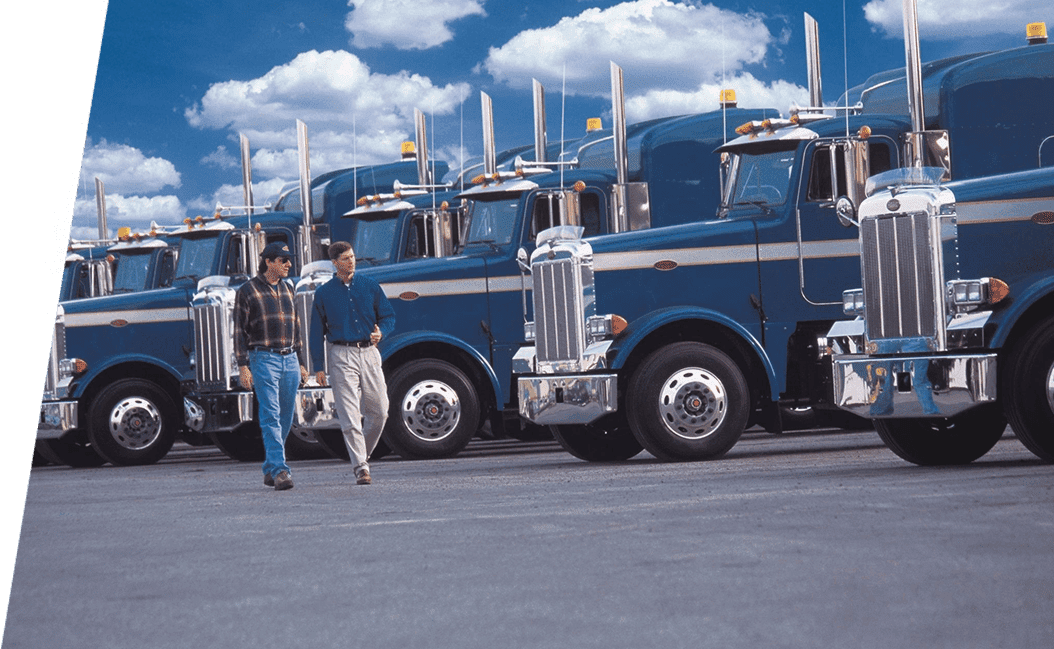 Two men standing in front of a row of large trucks.